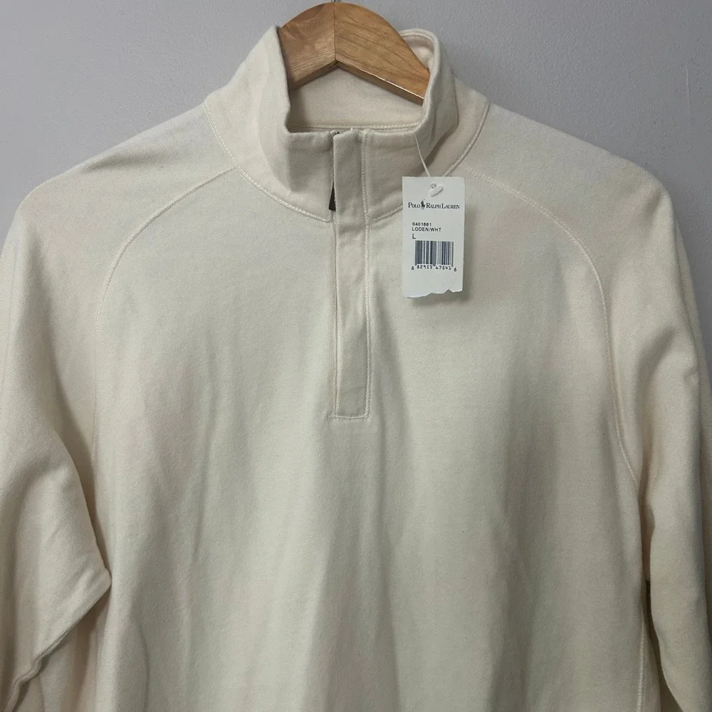Polo Ralph Lauren Pullover Mens Large Cream 1/4 Zip Elbow Patch Cotton NWT VTG